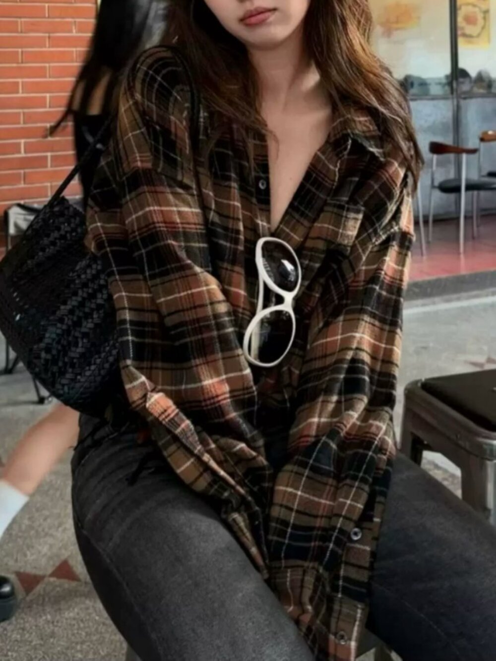 NWT R13 Drop Neck Cropped Shirt - Light Brown Black Plaid
